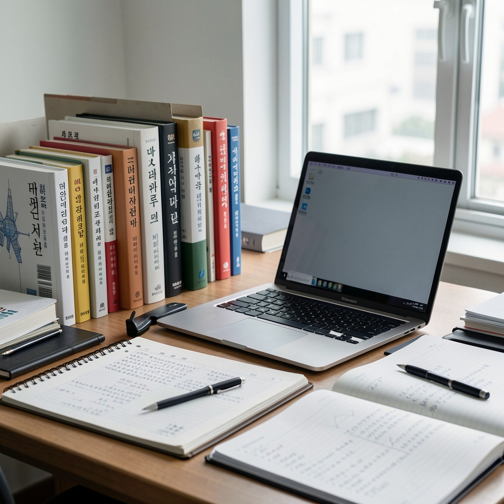 Editorial desk in Seoul with technical books, a laptop and carefully organized research notes