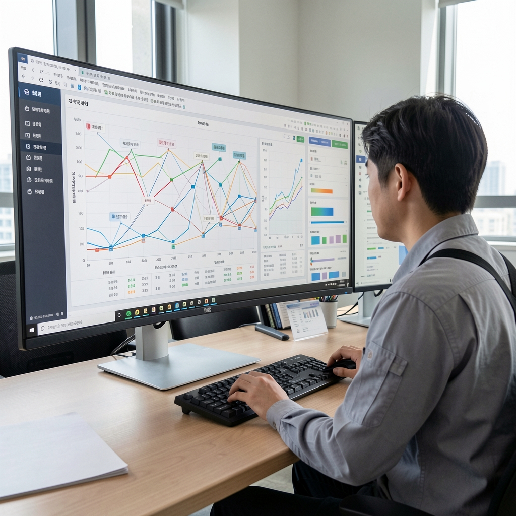 Validator operator monitoring network dashboards on a wide desktop display in Seoul