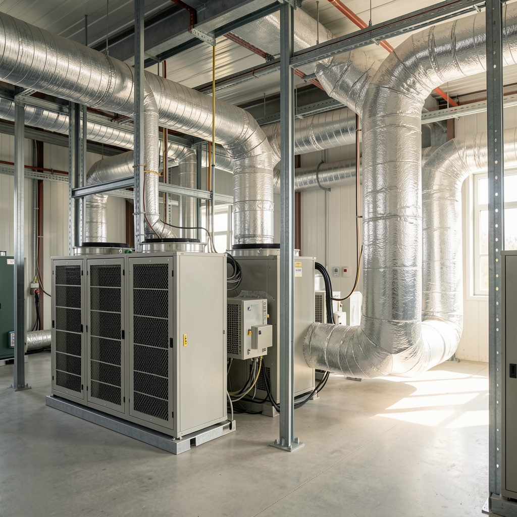 Industrial cooling units and insulated air ducts supporting a computing facility in summer conditions
