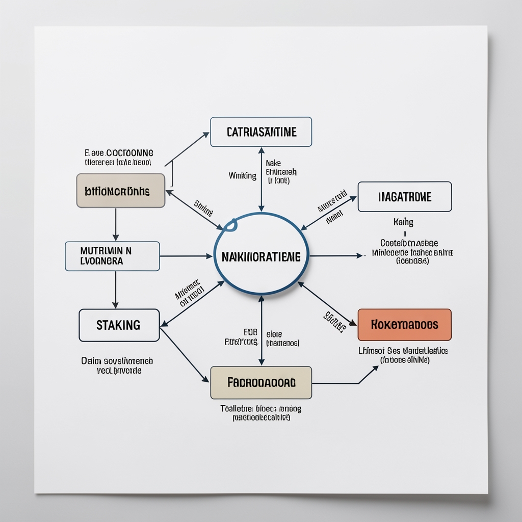 Technical diagram connecting mining and staking terminology on a clean editorial reference sheet