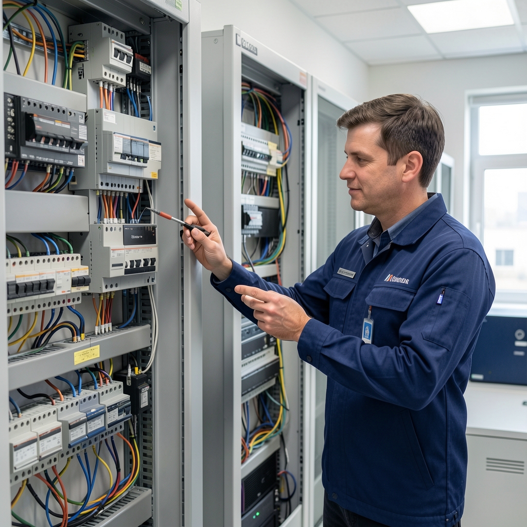 Technician reviewing electrical distribution panels beside energy-efficient computing equipment