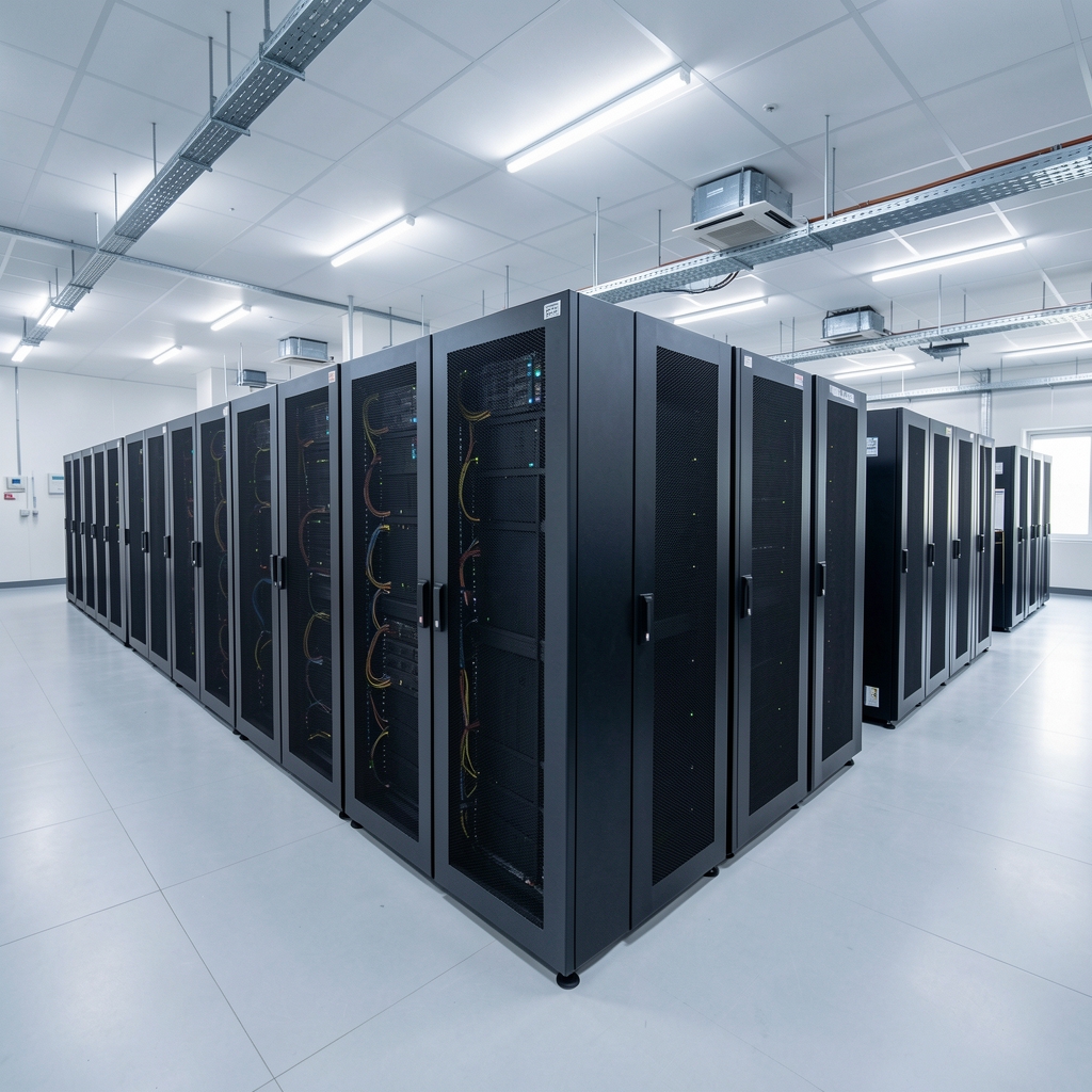 Rows of modern cryptocurrency mining machines in a carefully lit Korean data facility