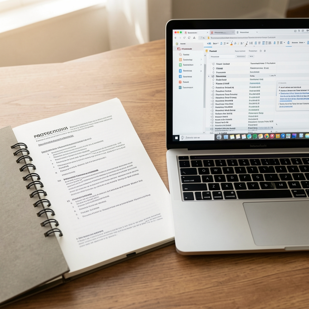 Research notebook beside printed protocol documentation and a laptop showing source citations
