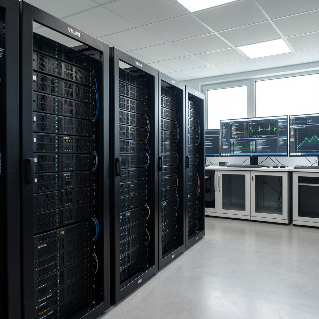 Validator server racks and network monitoring screens in a quiet operations room