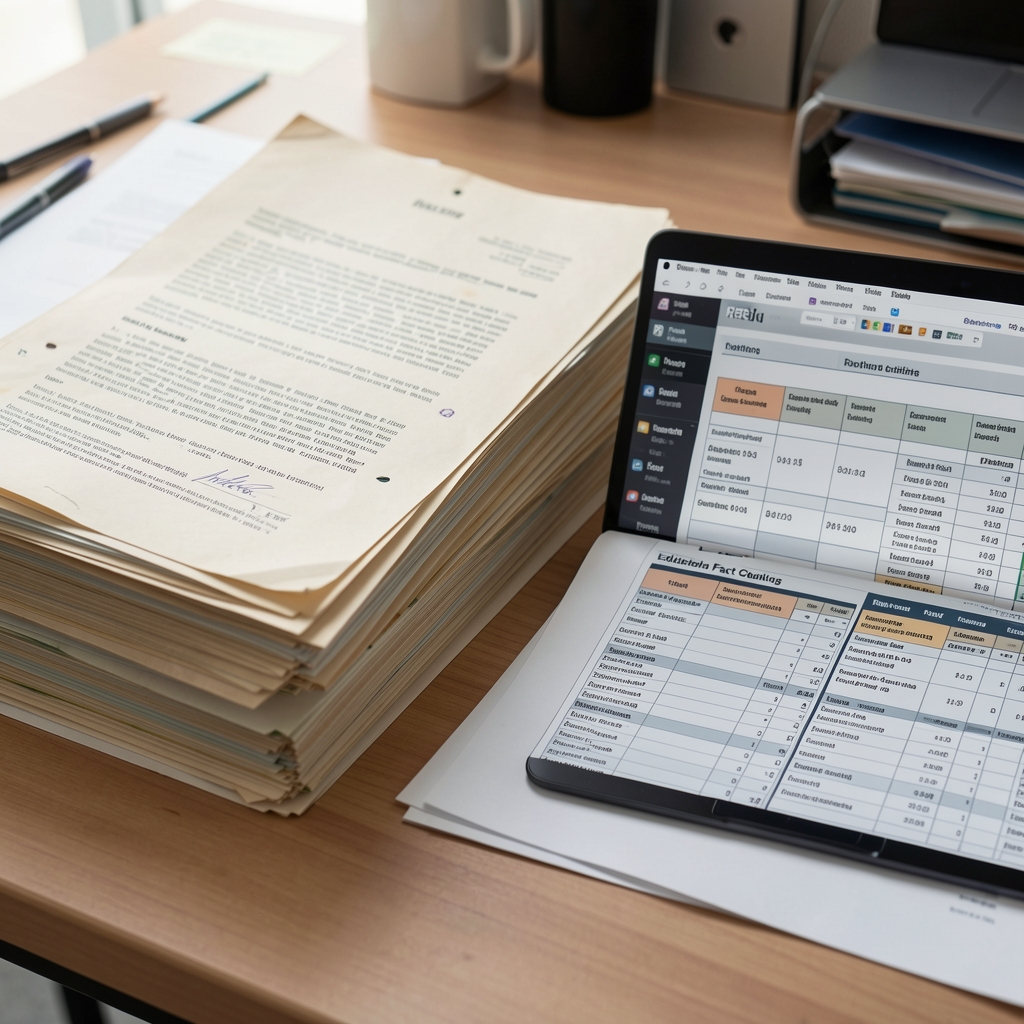 Stack of dated source papers and a digital document archive arranged for editorial fact checking