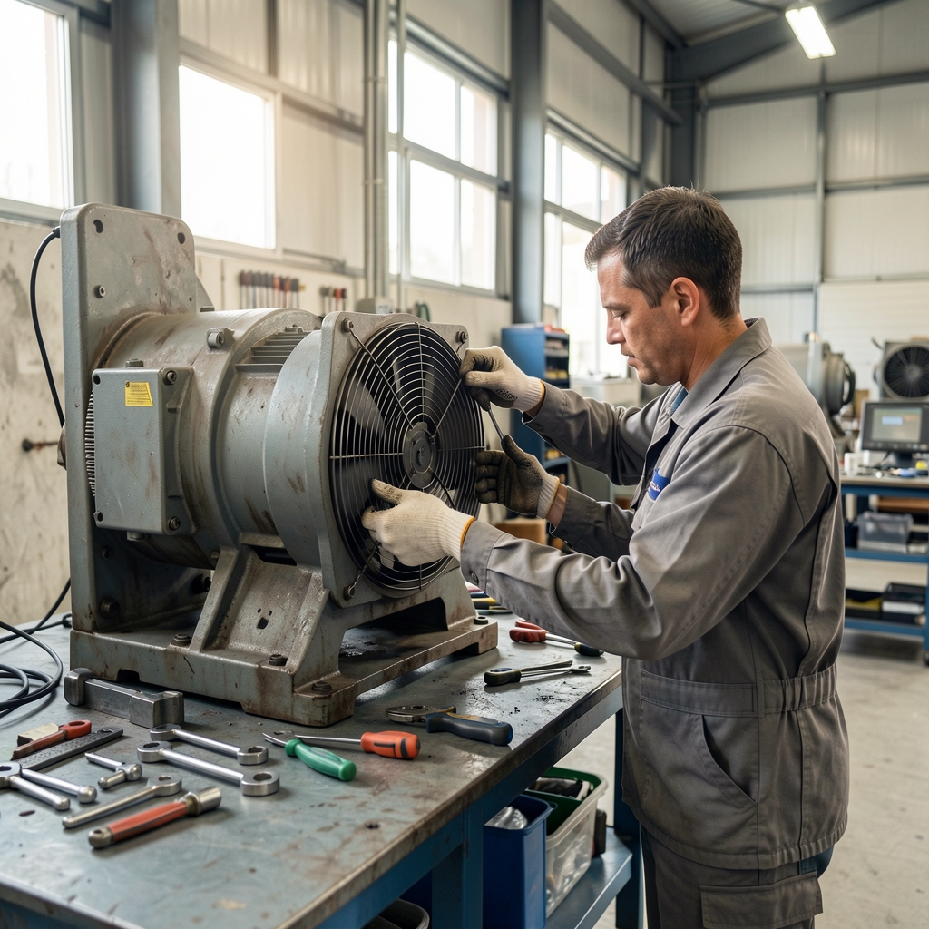 Engineer replacing a cooling fan on a mining machine at a clean service bench