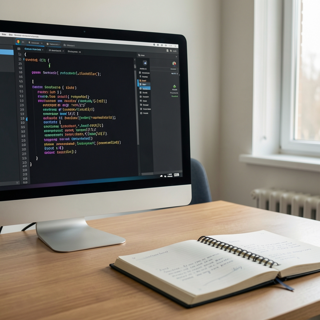 Open-source protocol code and governance notes displayed on a monitor beside a research notebook