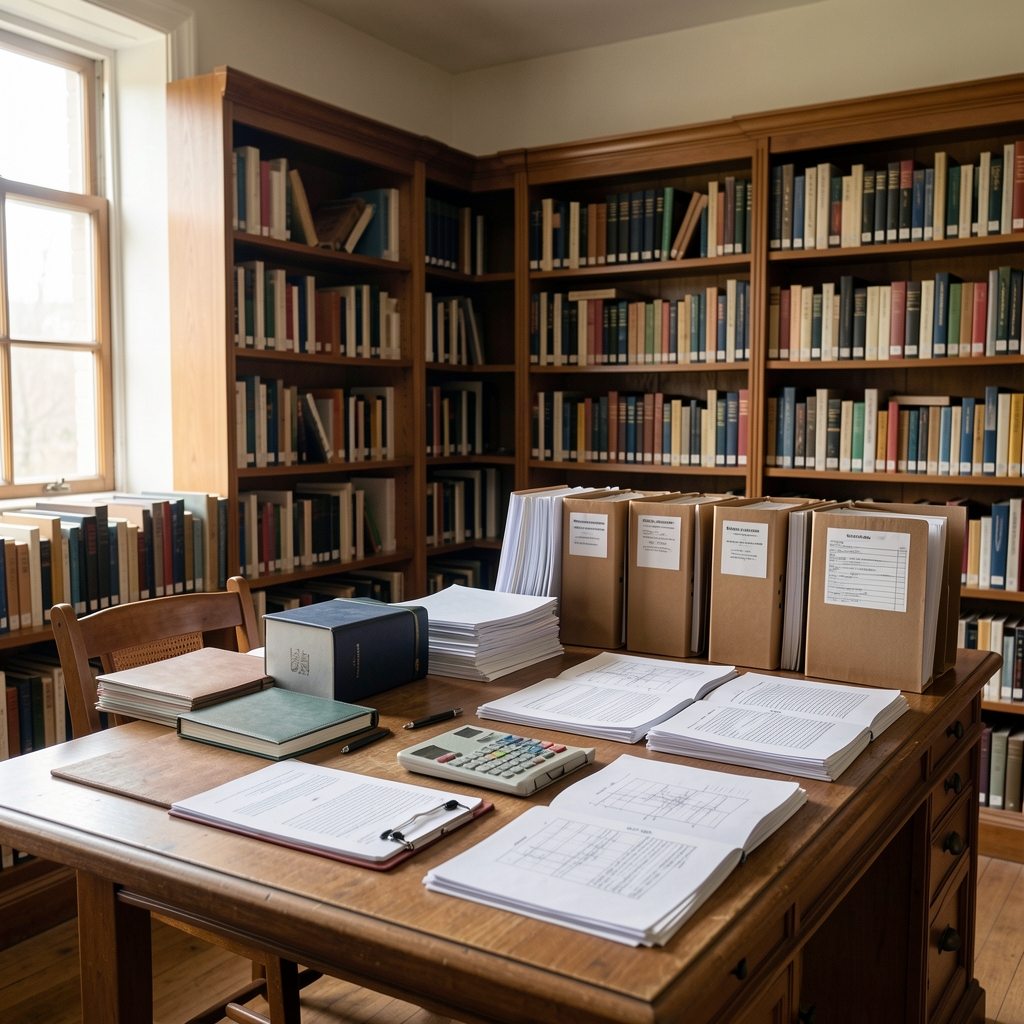 Organized digital asset research folders and printed technical standards in a quiet reading room