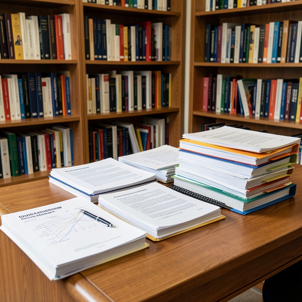 Digital research library with printed network standards and organized reference folders on a wooden table