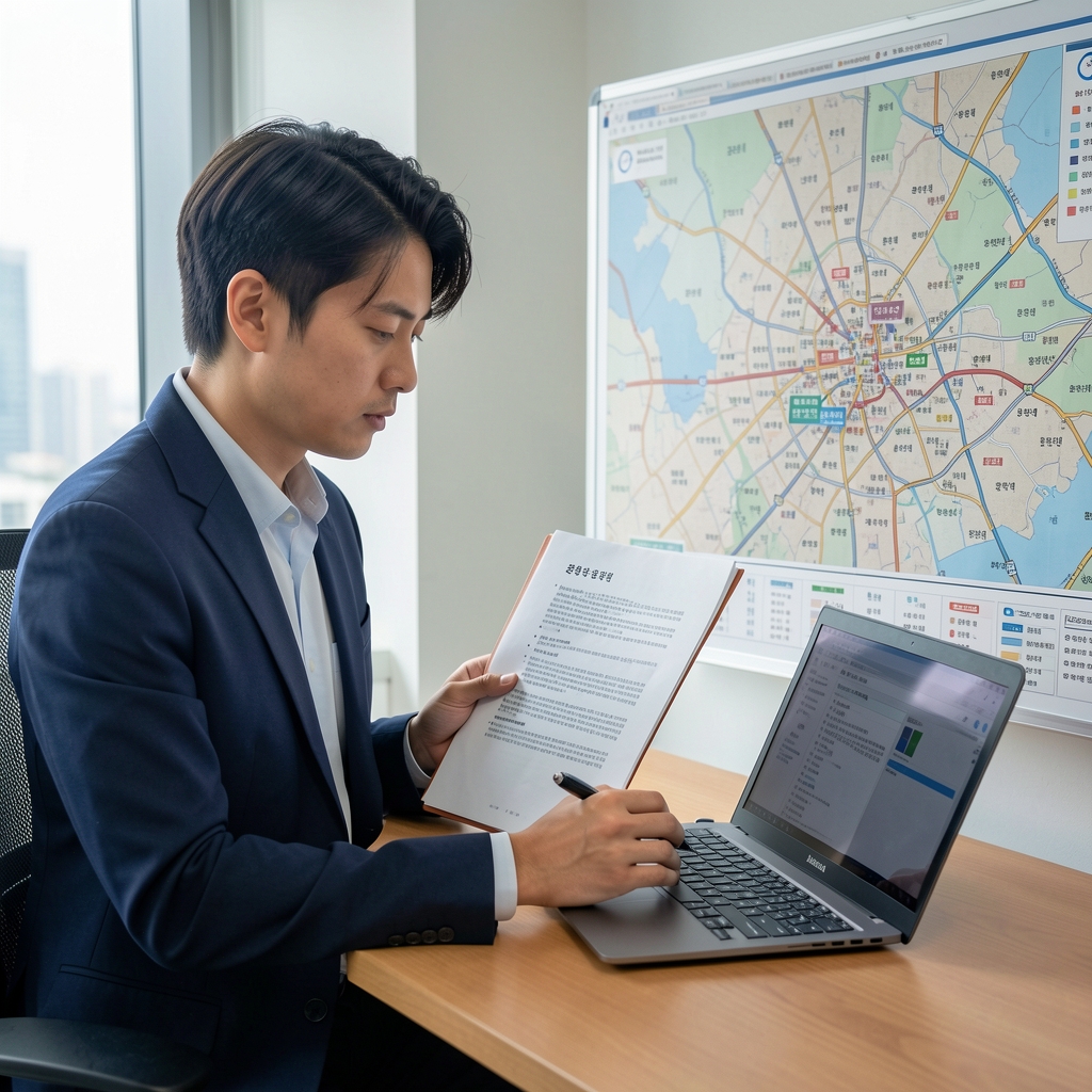 Researcher reviewing Korean technology policy documents beside a Seoul city map and laptop