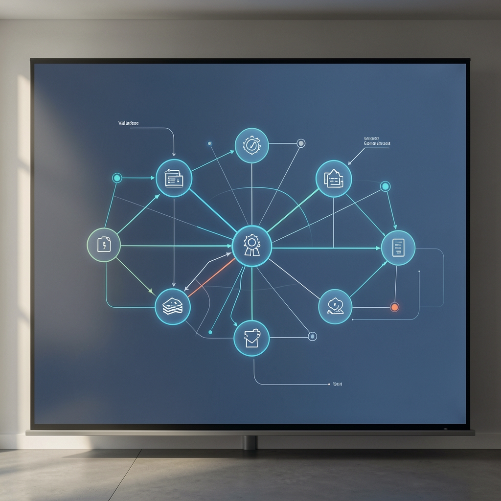Abstract network operations diagram with validator nodes and governance pathways on a large screen