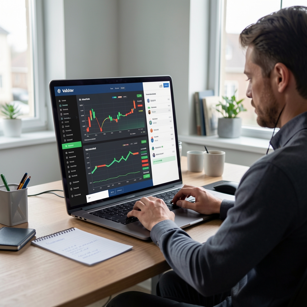Validator operator studying staking network dashboards and key management notes in a quiet workspace
